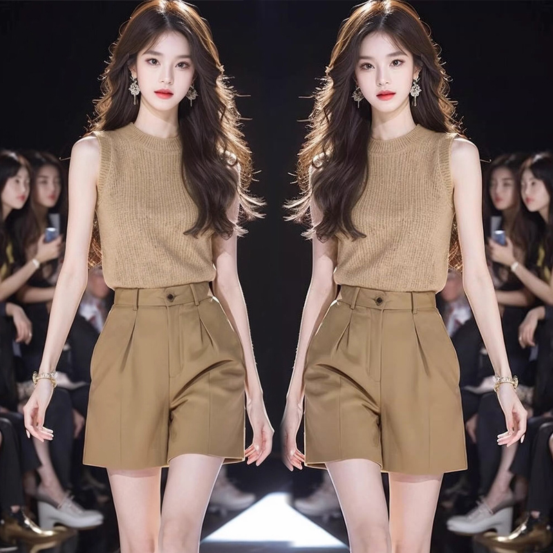洋气衣服女显瘦休闲无袖针织衫上衣短裤时尚套装2025新款简约夏装