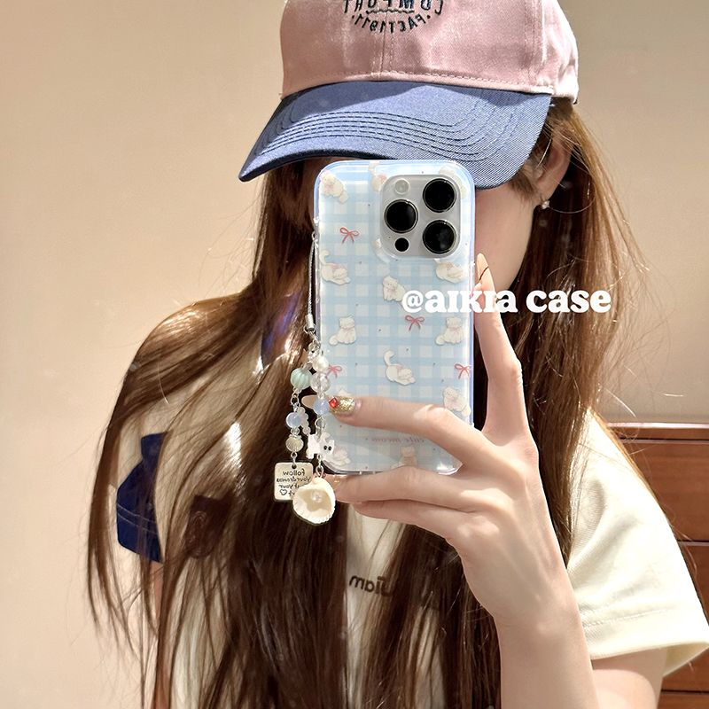 IMD蓝白棋盘猫咪适用iphone16苹果15果冻手机壳小米OPPOVIVO荣誉