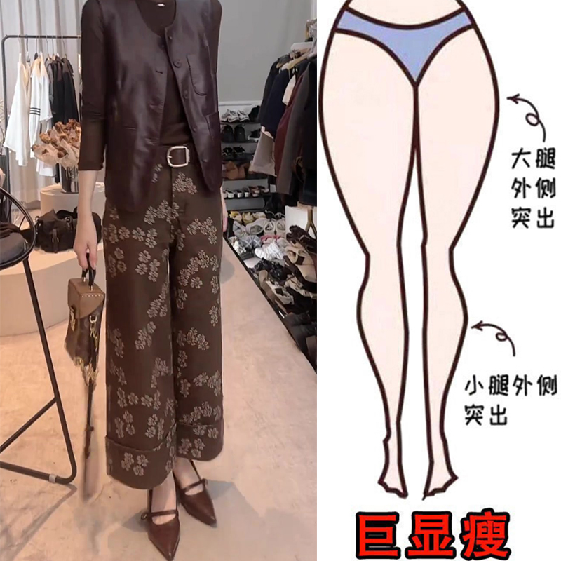 秋季爆款欧货时尚洋气提花设计牛仔裤女梨形身材高腰显瘦阔腿裤