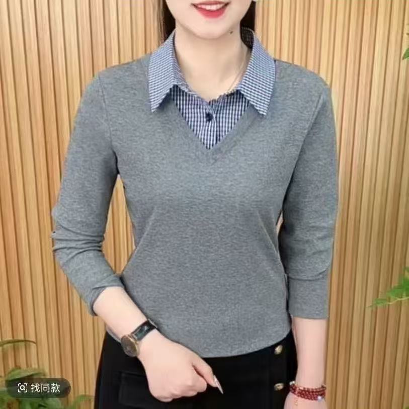 春秋新款时尚减龄拼接Polo领假两件上衣女修身显瘦打底衫长袖顺