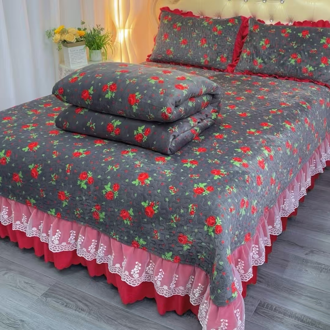 牛奶绒夹棉床盖四件套加厚保暖牛奶绒蕾丝边床单床被套绒炕盖防滑