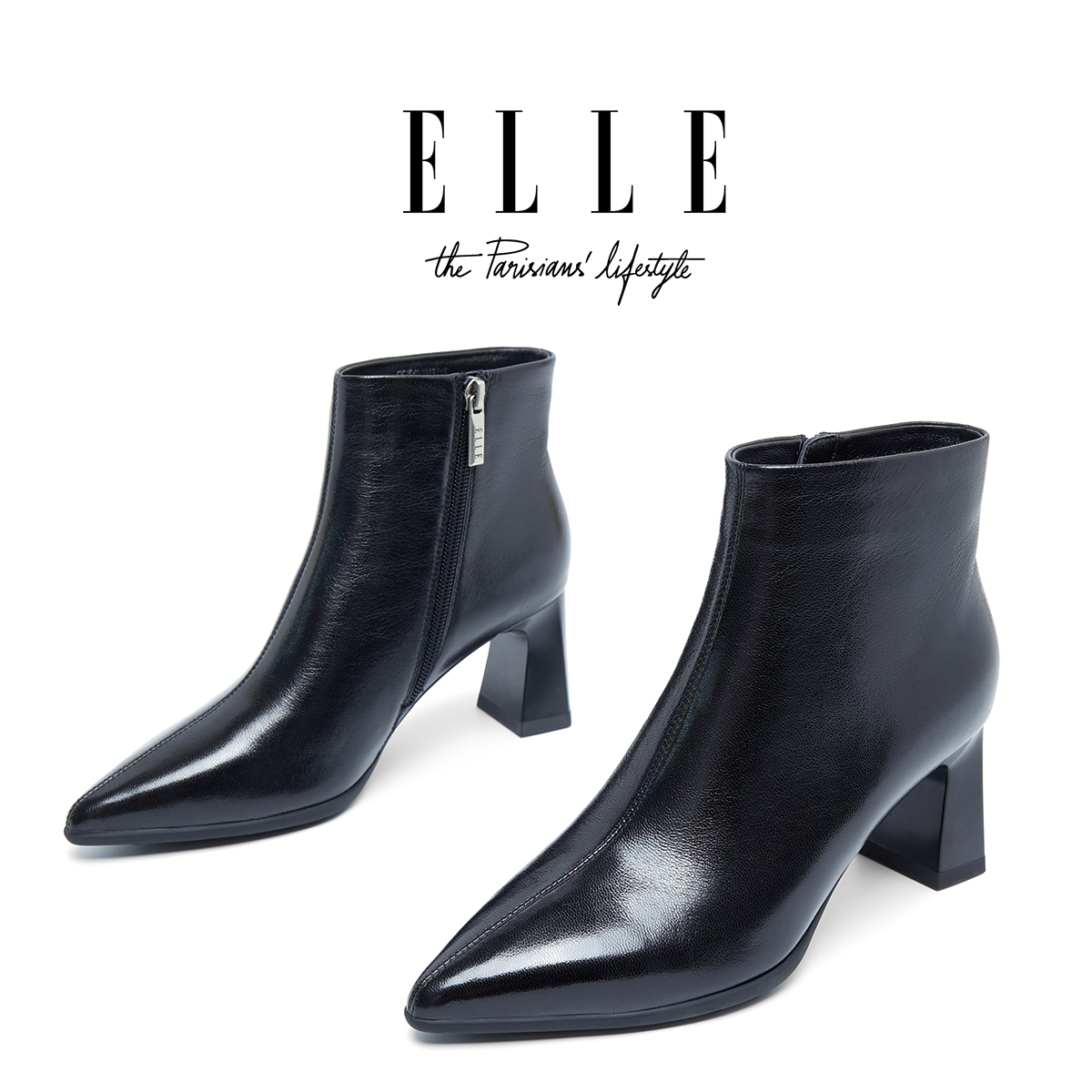 ELLE高跟尖头短靴女粗跟带拉链2025冬季新款黑色真皮高级感马丁靴