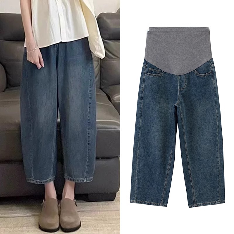 孕妇牛仔裤春秋九分香蕉裤秋冬加绒宽松遮肉小个子托腹显瘦阔腿裤