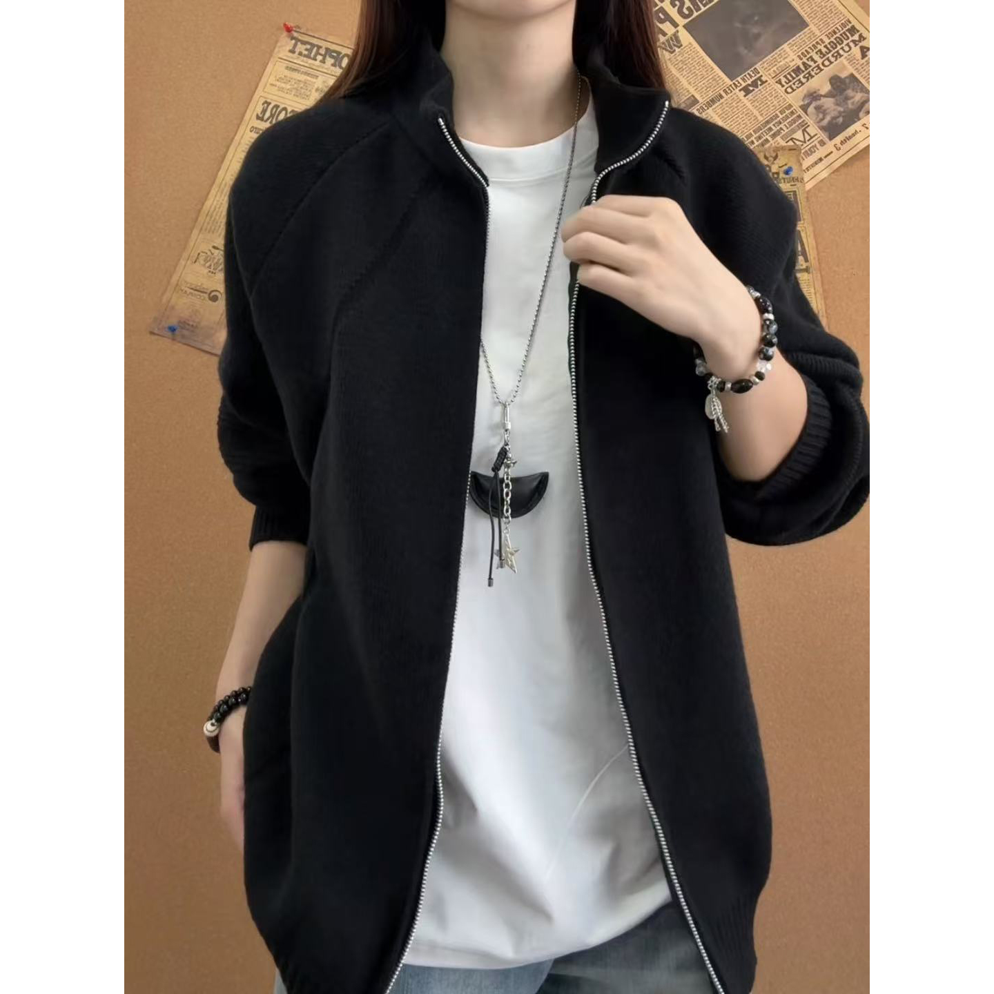 韩系cleanfit针织开衫外套男女秋季高级感休闲慵懒风立领拉链毛衣