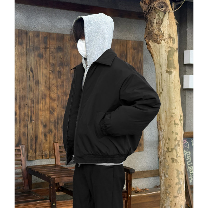 黑色短款飞行员夹克棉服男冬季美式夹棉外套cleanfit翻领廓形棉衣