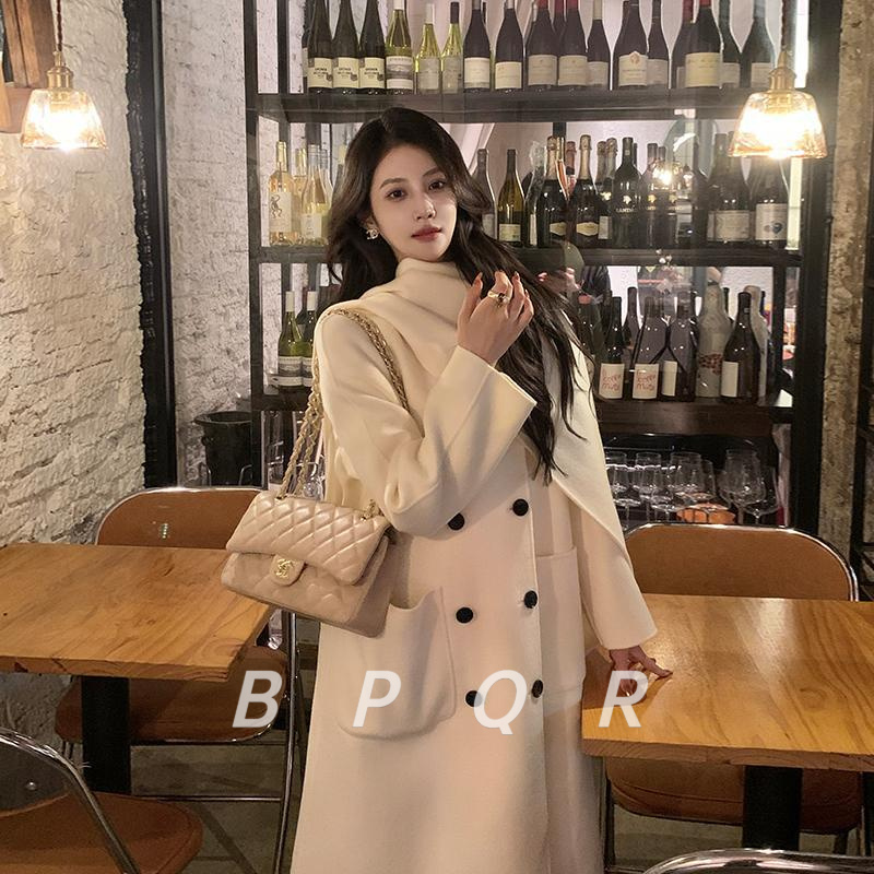 BPQR白色长款双面呢大衣女冬加厚可拆卸围巾羊毛外套