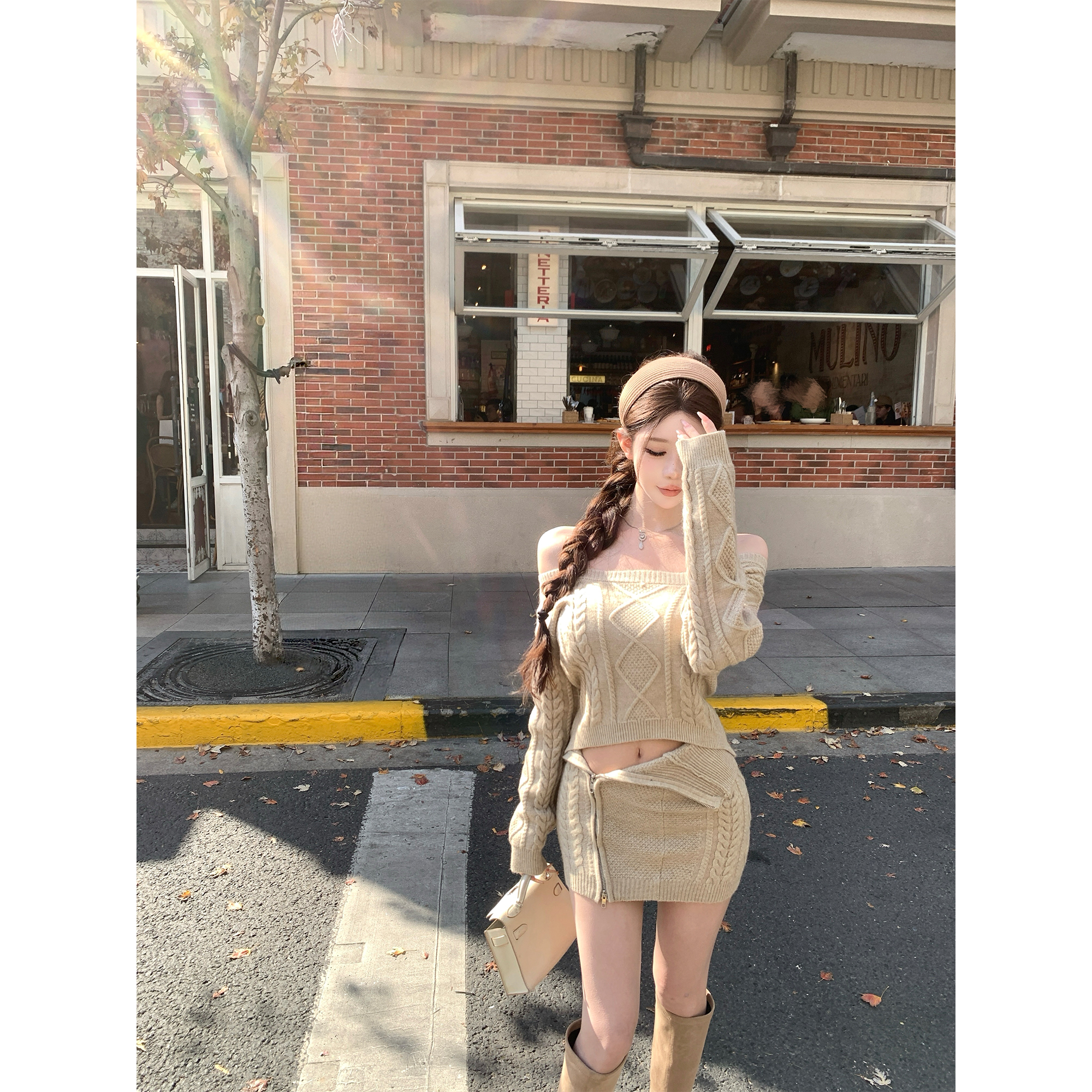 【韩女氛围】设计感露肩长袖针织上衣拉链翻折半裙女小个子露脐套装