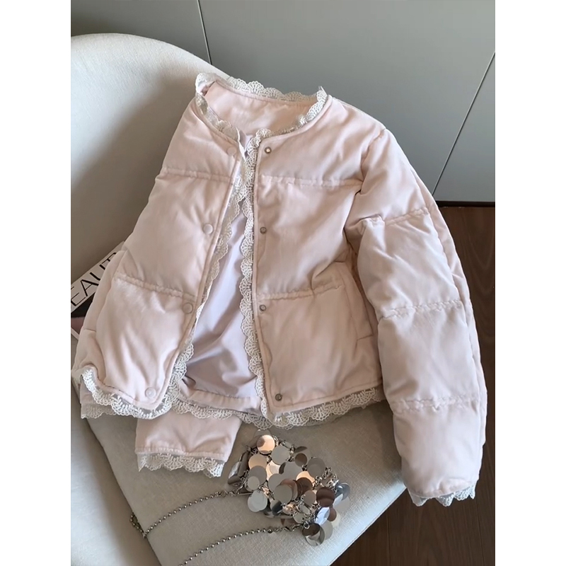 粉色花边拼接圆领棉服外套女2025冬季新款温柔减龄风气质保暖上衣