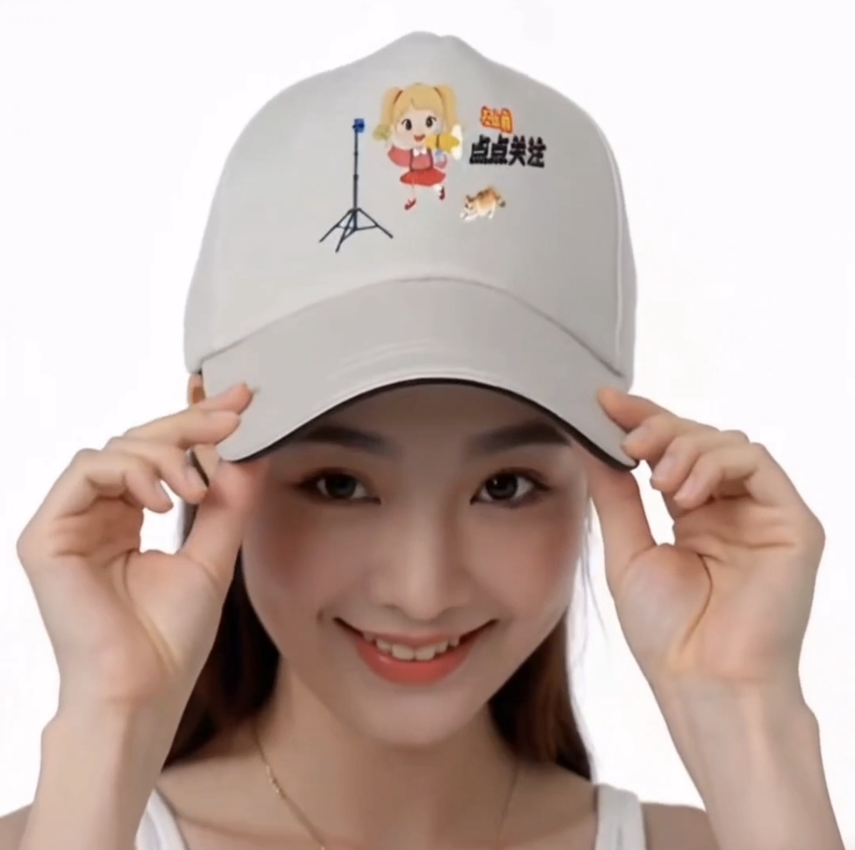 圣女直播帽 点点关注版 网红同款 视频直播道具遮阳印花 米色帽子