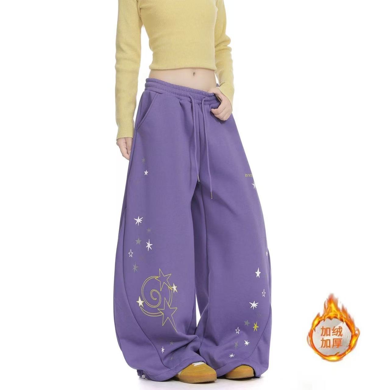 Y-C美式复古星星印花紫色卫裤女宽松辣妹显瘦加绒阔腿休闲运动裤