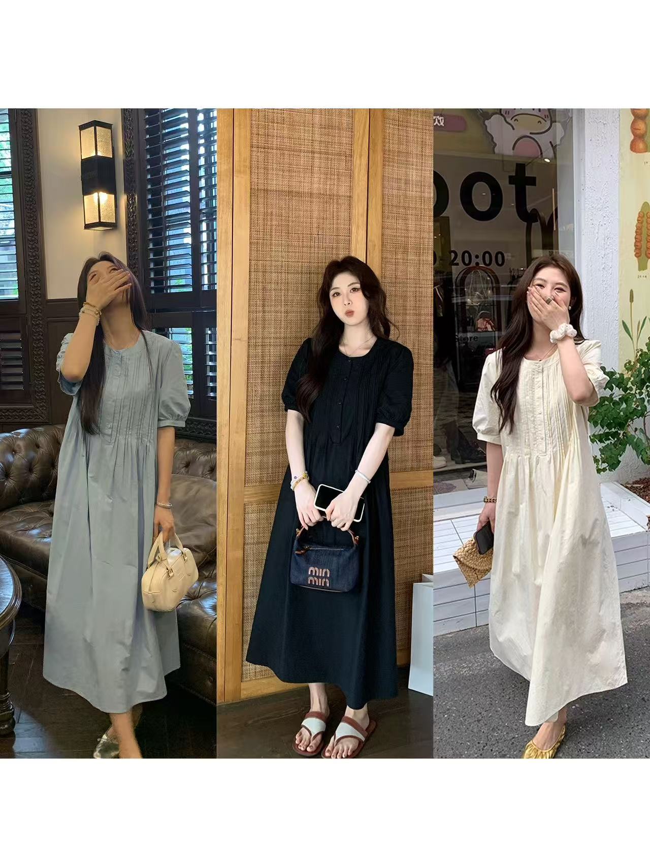 【现货秒发-NAZ微胖大码定制】法式圆领设计打条减龄显瘦连衣裙