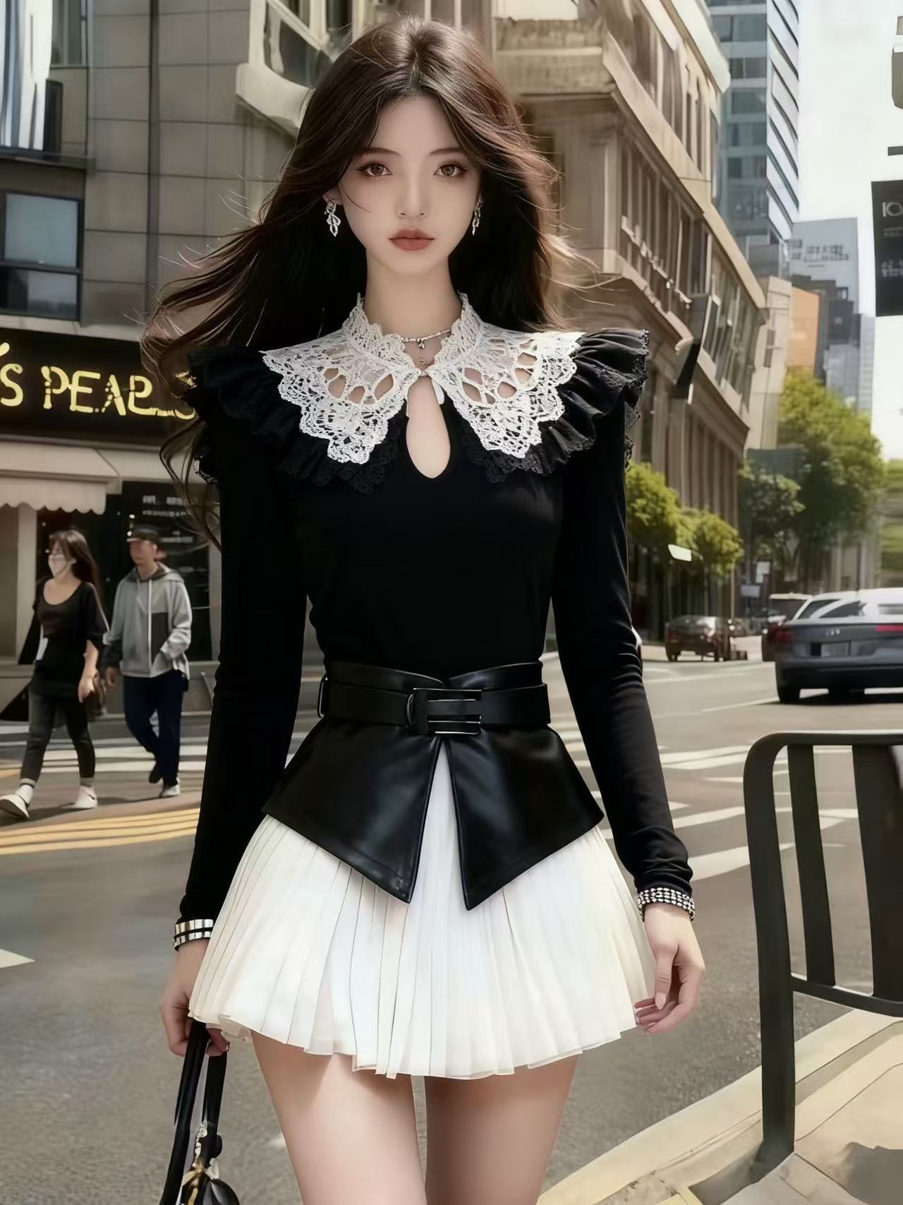 秋冬时尚通勤风黑白撞色插肩袖立领长袖上衣+白色百褶半身裙套装