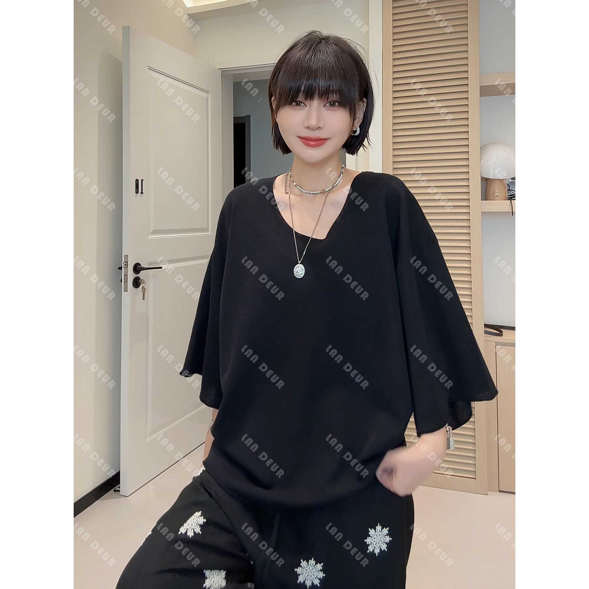 【清风解语】气质时尚休闲宽松圆U领五分针织套头衫女上衣