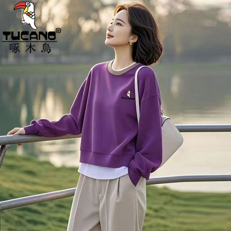 啄木鸟纯棉中老年女装休闲外套减龄显瘦小个子秋冬新款圆领卫衣女