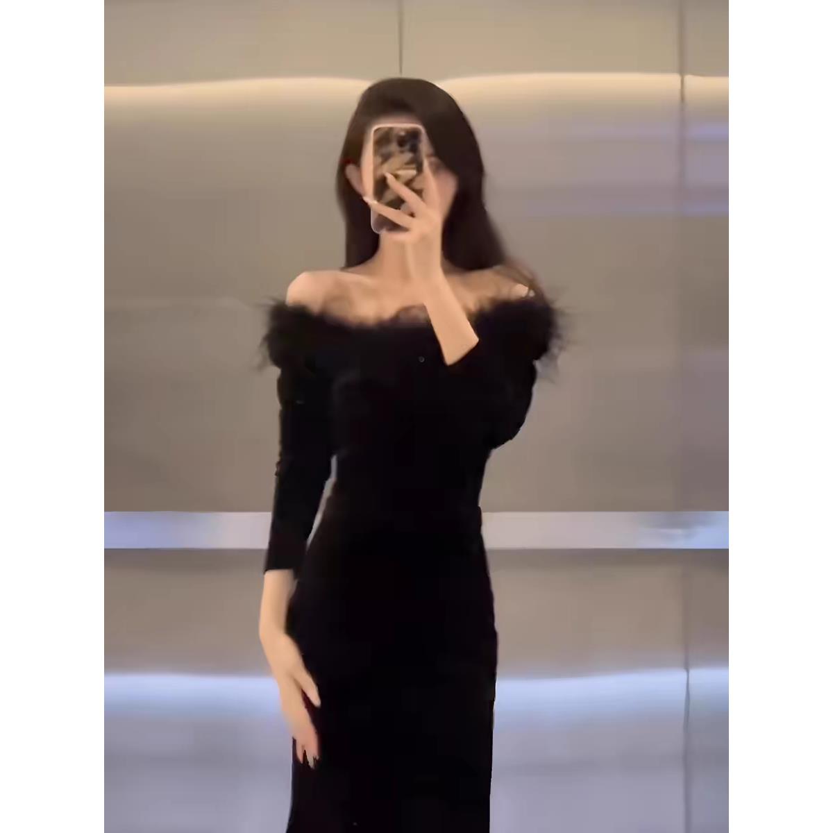 性感一字肩连衣裙新款春季加厚高级修身显瘦晚礼服裙高端轻奢小众