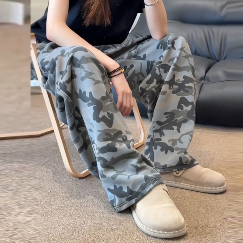 美式复古水洗迷彩弯刀卫裤女秋季重磅宽松阔腿运动裤子直筒休闲裤
