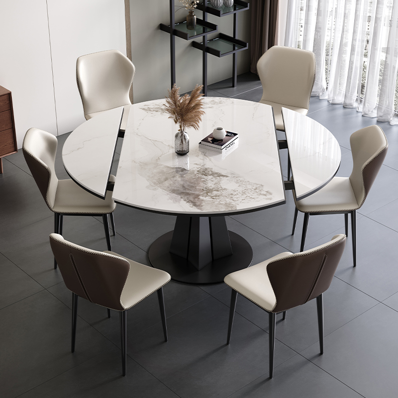 极简轻奢岩板功能旋转餐桌方圆两用家用隐藏式电磁炉全托桌椅组合