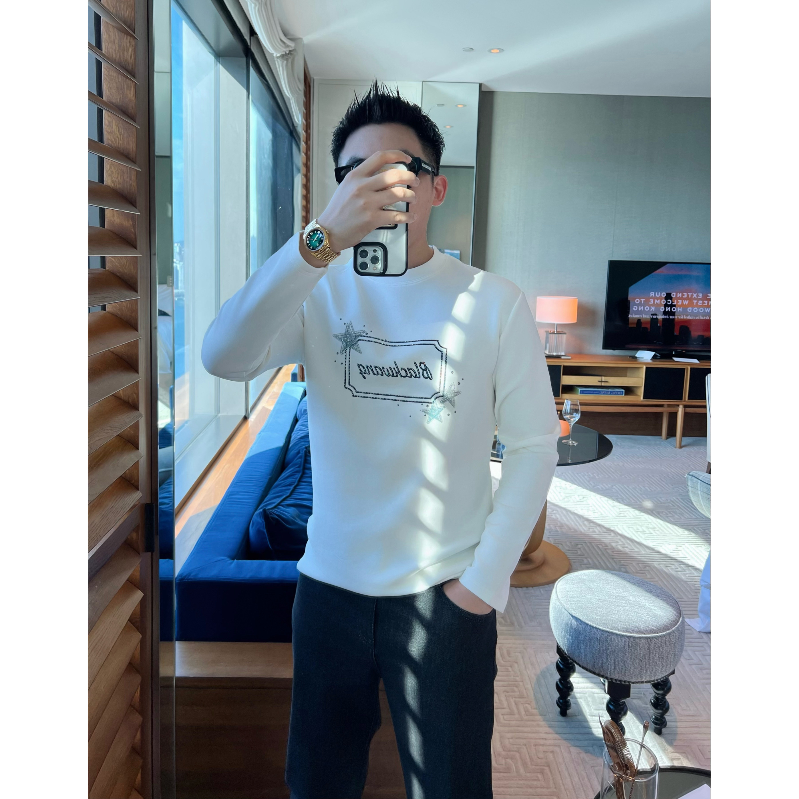 【黑色闪钻】秋冬350g莫代尔长袖打底高级感男装T恤男士新款休闲装