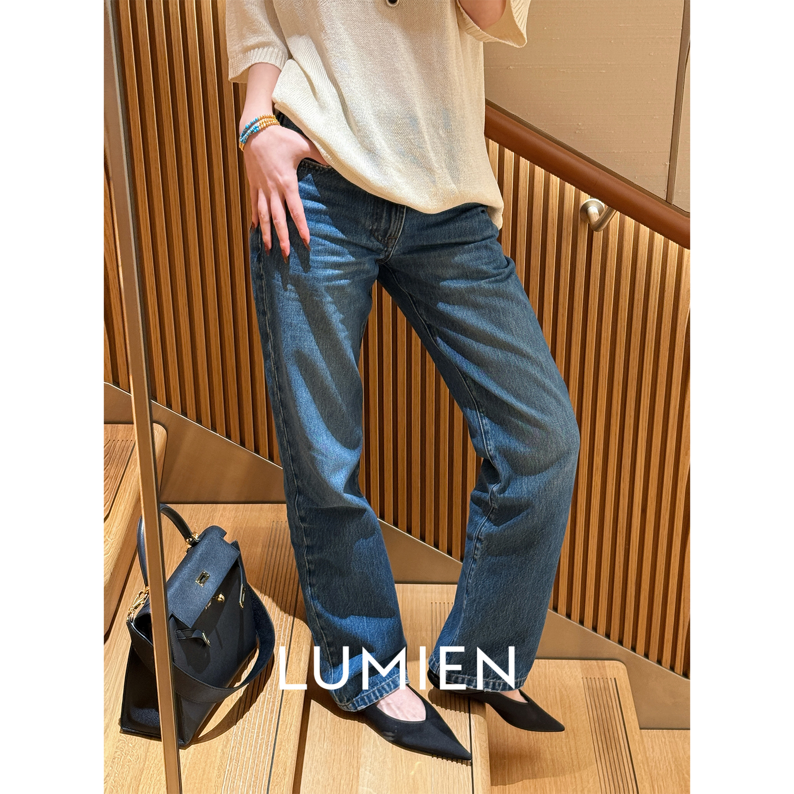 【LUMIEN】复古休闲风宽松百搭小直筒显瘦蓝色水洗牛仔裤LX5AKK040