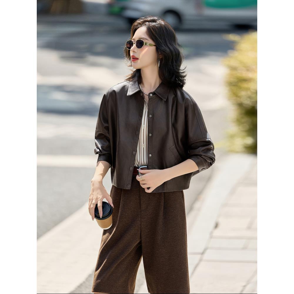 咖色皮衣外套女春秋小个子高级感宽松休闲减龄显瘦短款皮夹克上衣