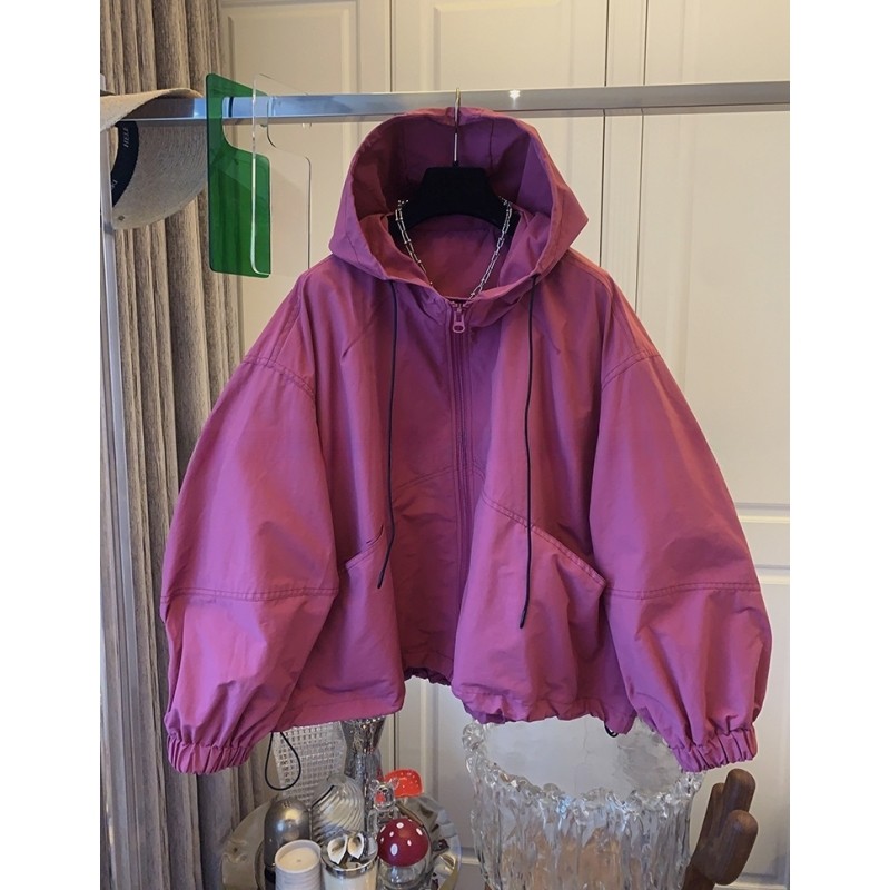 6332时尚独特超好看工装风树莓粉色休闲连帽风衣宽松外套女春新款