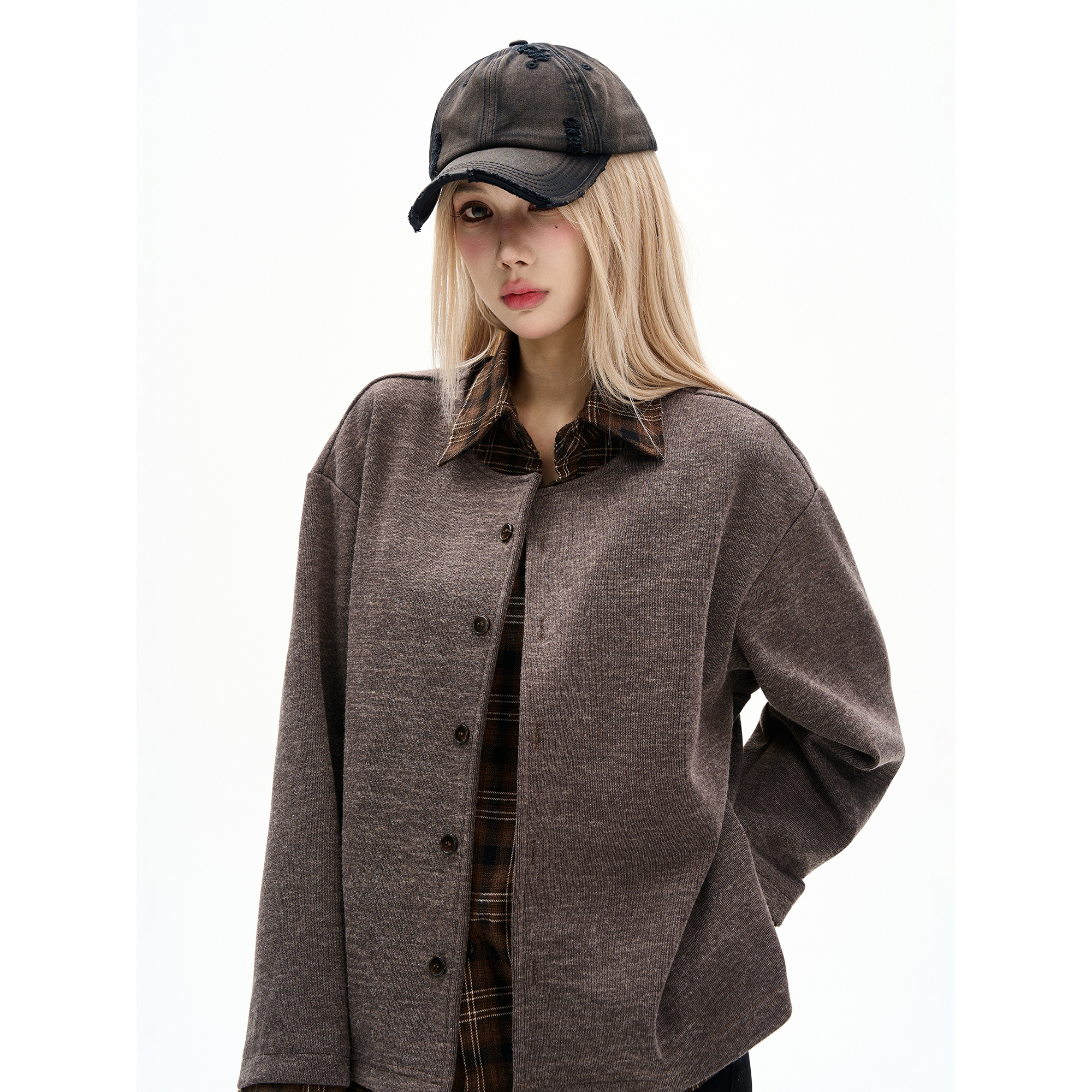 MaxDstr秋季假两件拼接翻领长袖男女老钱风cleanfit针织开衫外套