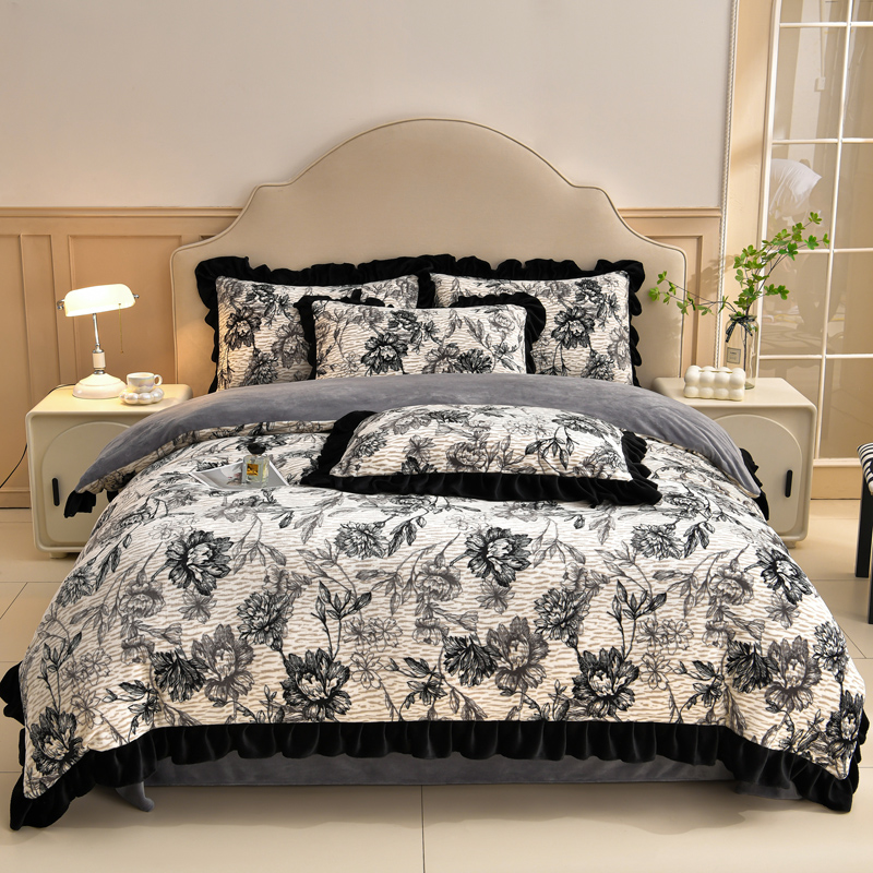 【西藏包邮】韩版花边牛奶绒四件套加厚双面绒加绒被套床单