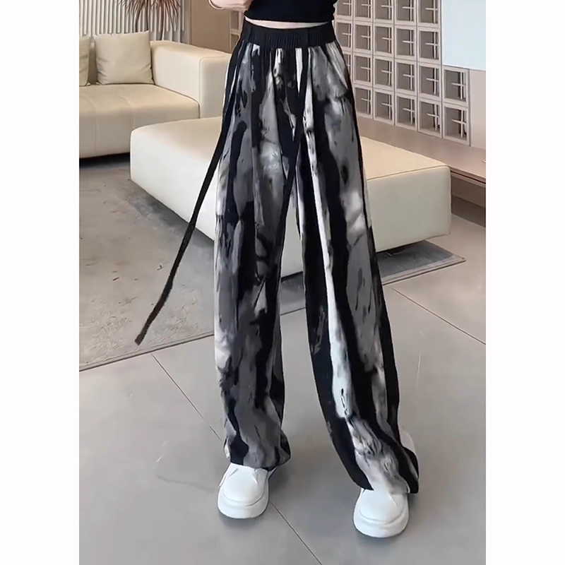 水墨画冰丝阔腿裤女裤子夏季薄款新中式扎染高腰垂感拖地裤休闲裤