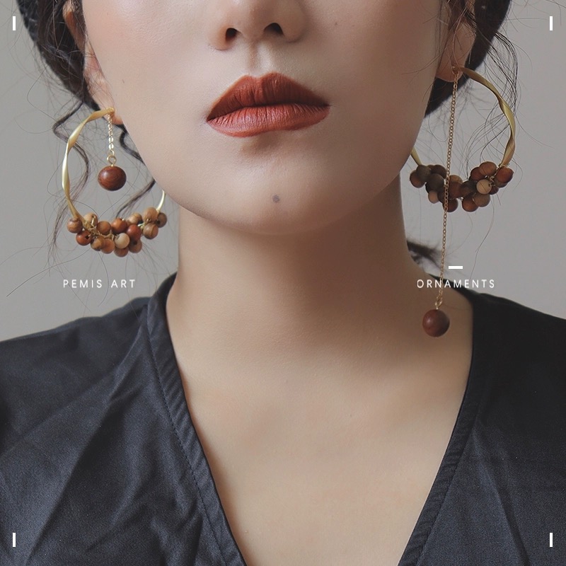 铜合金木质耳饰 原创复古手工新中式圈圈耳饰小众百搭简约个性