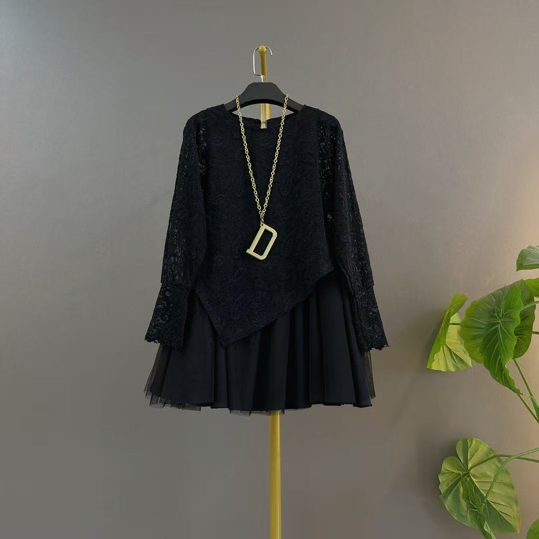 镂空圆领蕾丝长袖拼接大码衬衫常规秋季中长款修身型假两件蕾丝衫