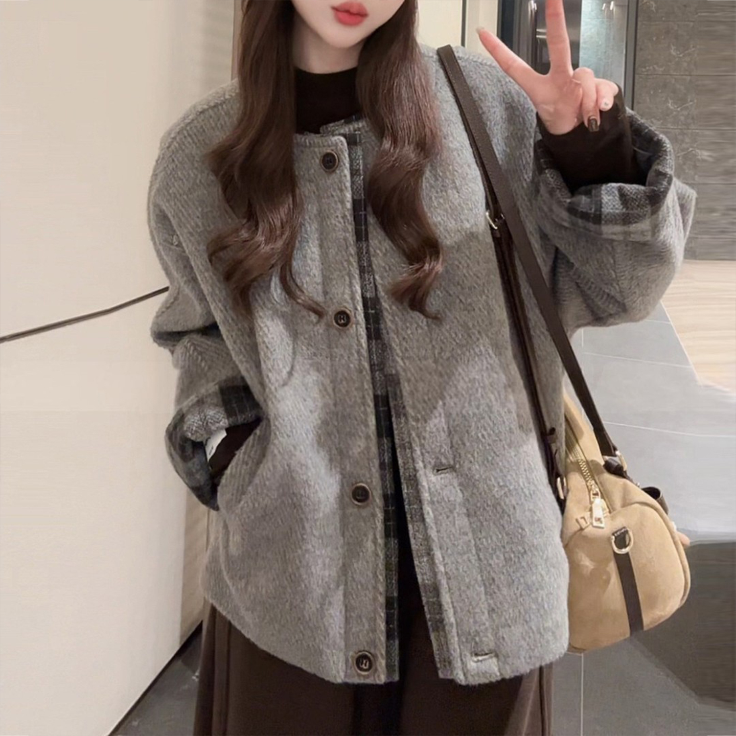 极简风穿搭一整套女装秋冬格子拼接夹棉短款外套加绒阔腿裤两件套