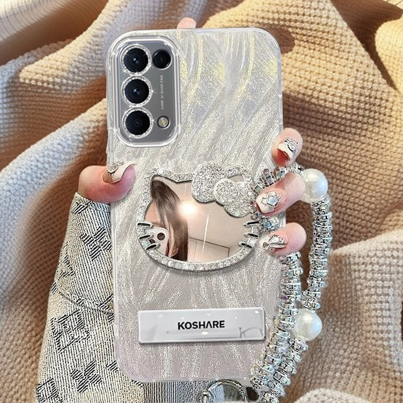自带镜头膜OPPOReno5手机壳镶钻kt猫镜子Reno5K全包Reno5Pro保护