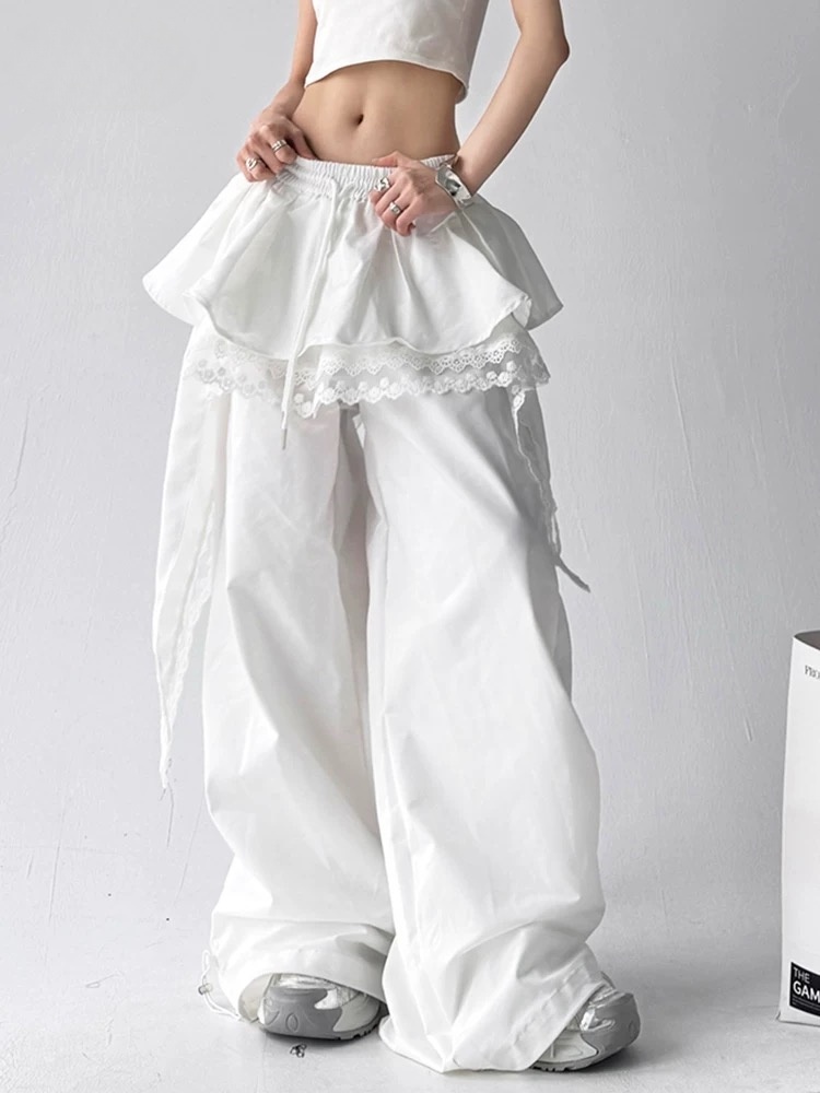 美式蕾丝拼接叠穿裙摆白色阔腿裤女2025夏季设计感宽松休闲工装裤