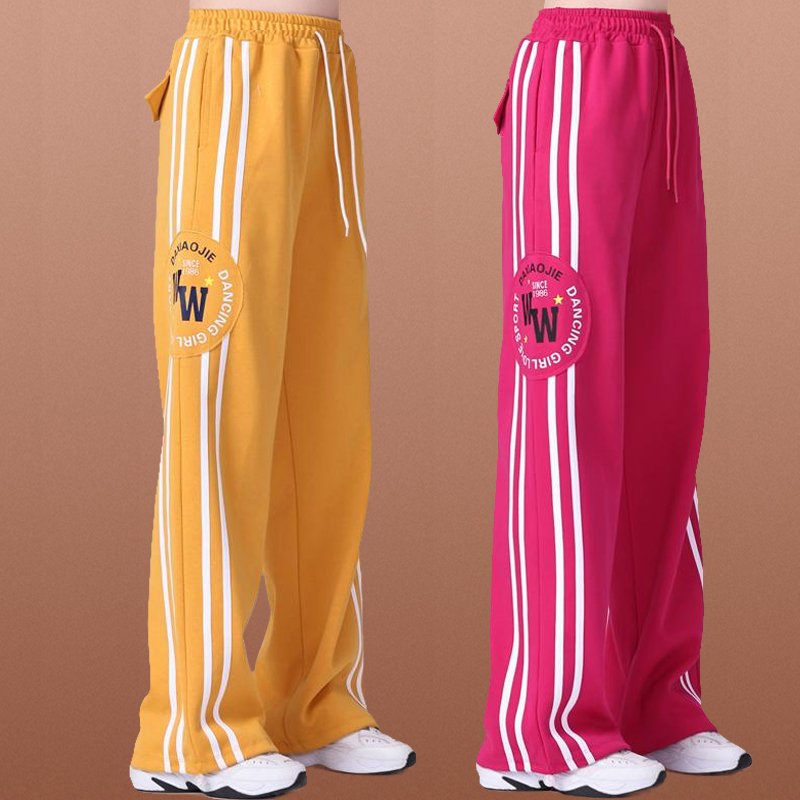新款广场舞裤子棉宽松直筒休闲运动条纹长裤健身跳曳步舞蹈阔腿裤