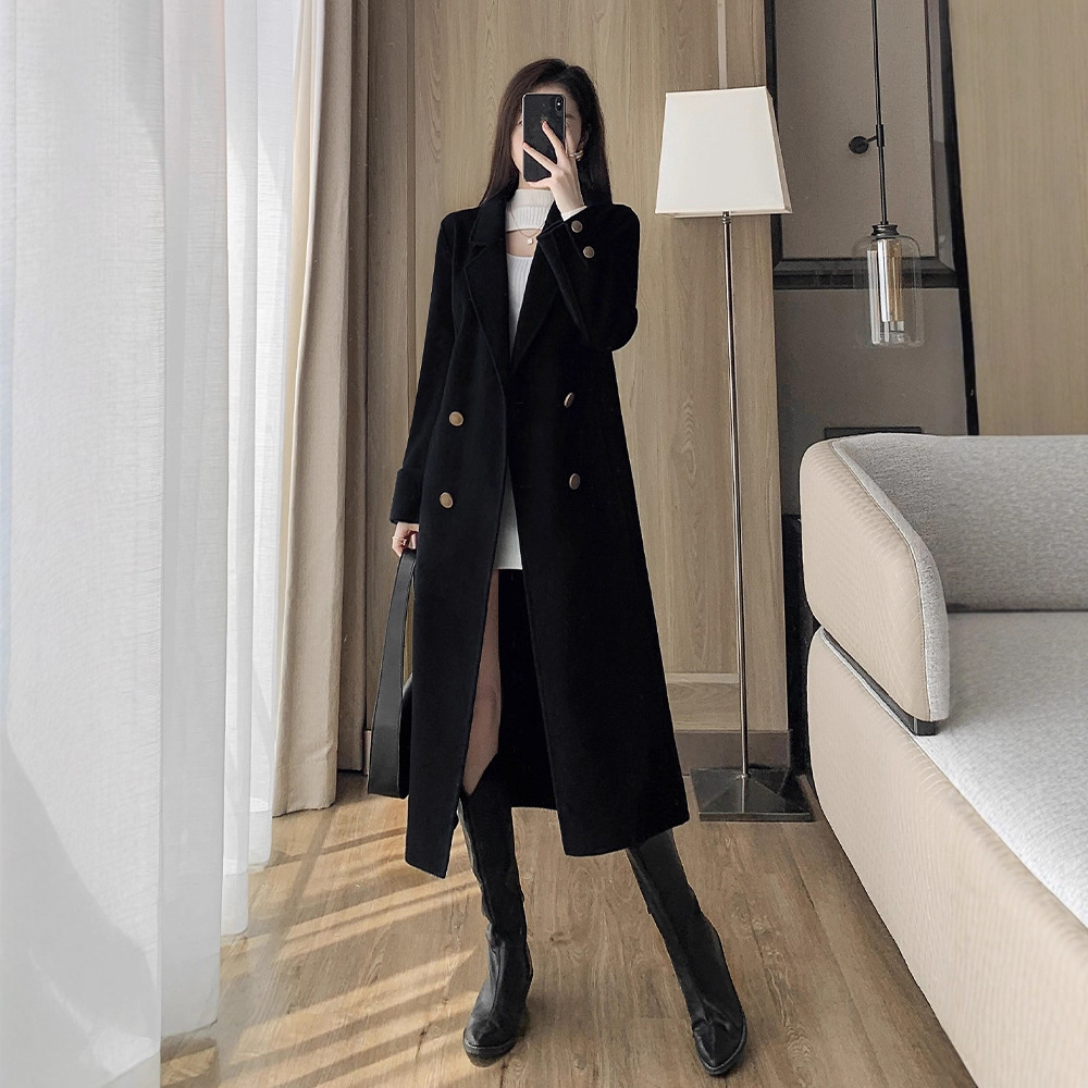 大码新款秋冬黑色毛呢外套中长款韩系大衣双排扣高级感呢子大衣
