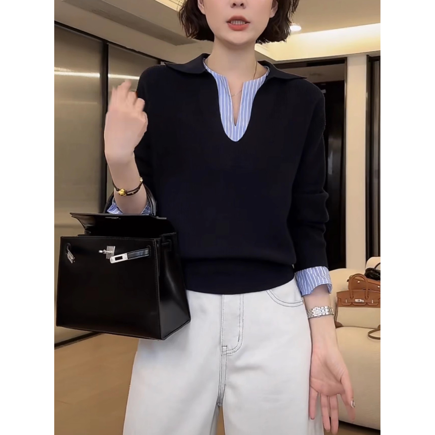 33126 法式气质假两件拼接条纹针织衫春秋小众设计款POLO领上衣潮