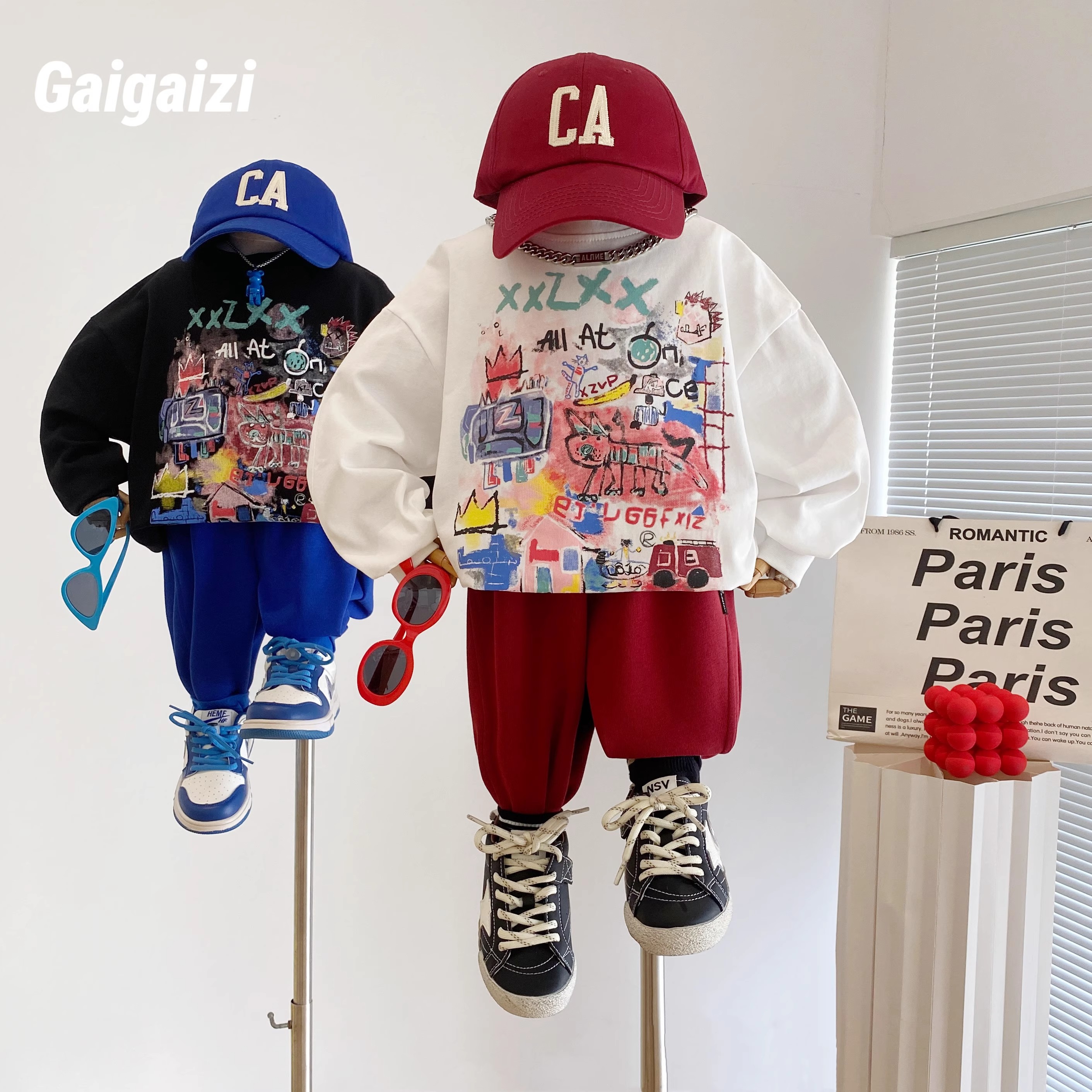 男童女童秋季T恤美式潮牌炫彩涂鸦时尚宽松上衣新款棉打底套头潮