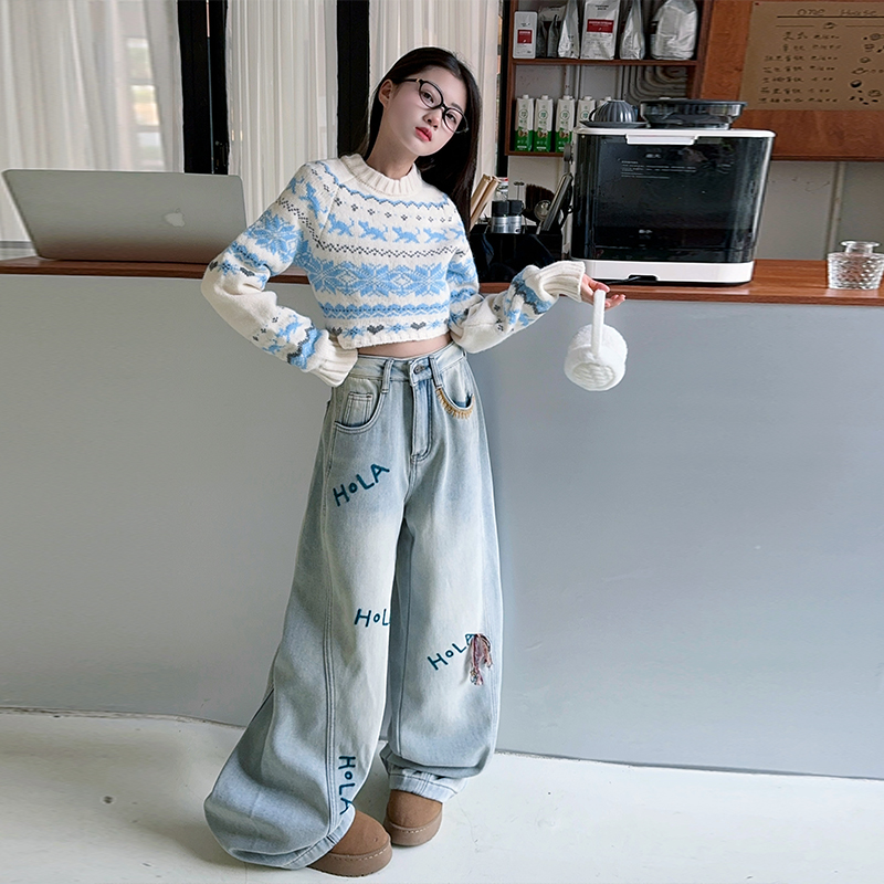 【酷哒仔】女童加绒立体字母刺绣牛仔裤复古提花毛衣两件套装2025韩