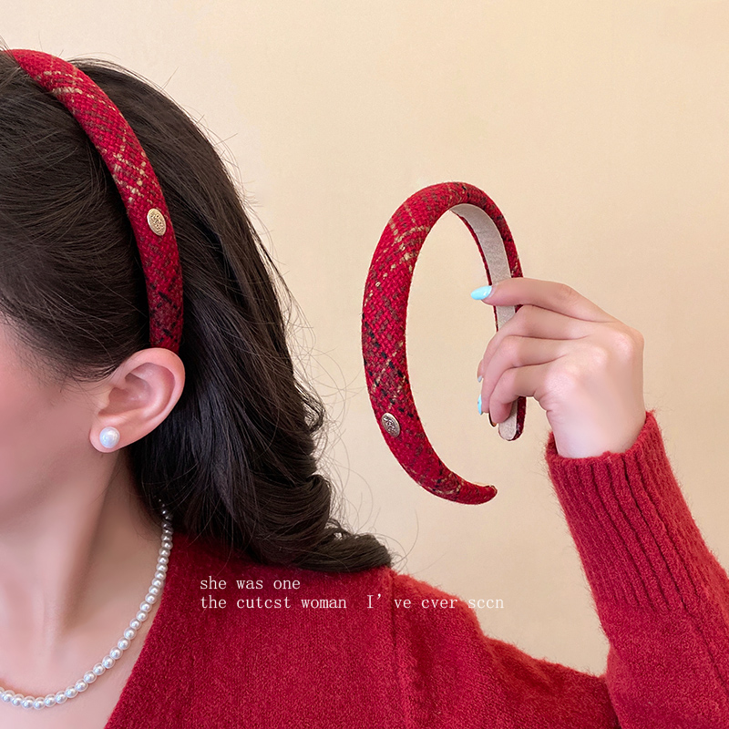 秋冬新年节日氛围感红色格子发箍女2025新款法式港风复古高级头箍