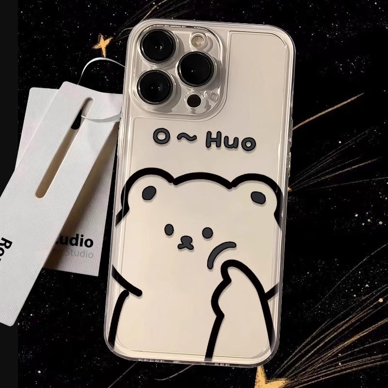 哦豁线条小熊适用17promax苹果13手机壳iPhone16可爱12卡通14网红