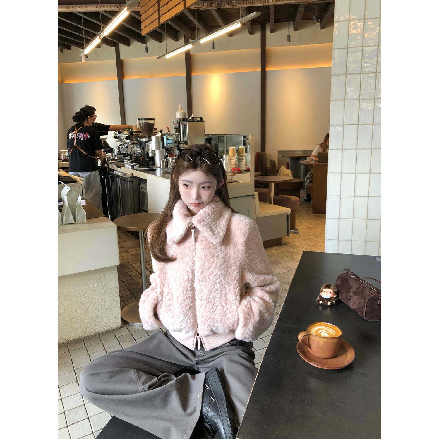 中古少女 翻领韩版拉链保暖毛毛小香风女螺纹下摆短外套