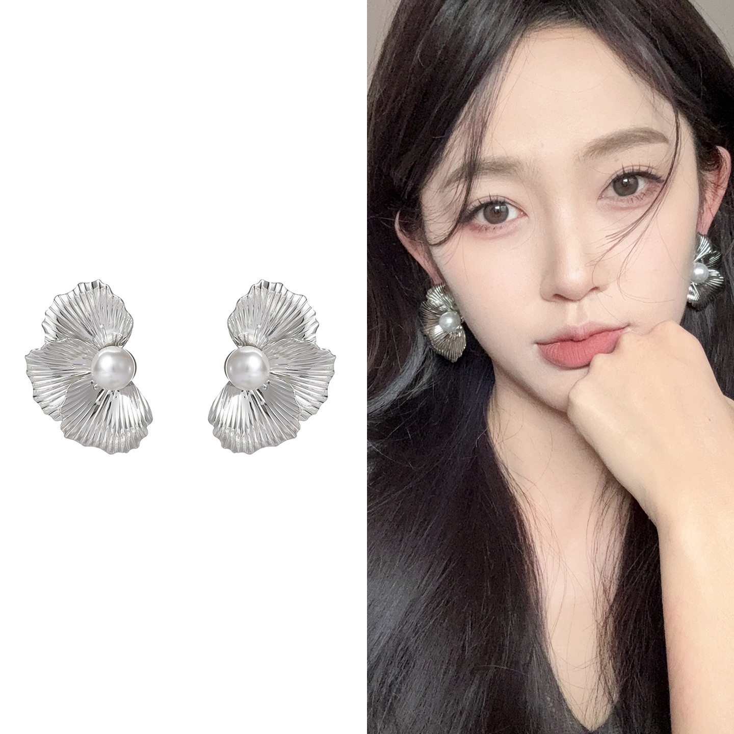 oushipei/欧诗佩 铜合金耳饰 设计感银色褶皱花瓣耳环花朵耳钉女