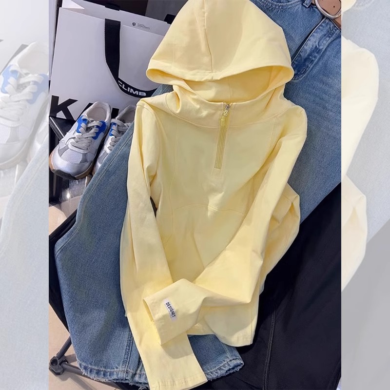 黄色薄款半开领长袖连帽T恤女2025新款开春季超好看独特漂亮上衣