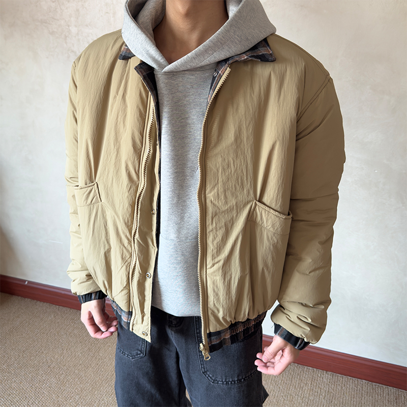 布老哥Blog美式复古双面穿格纹翻领棉服cleanfit短宽夹克棉衣W583