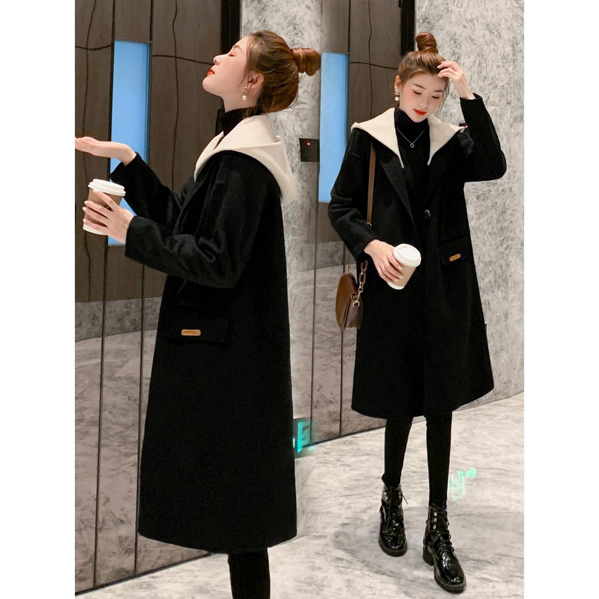 黑色双面羊大衣女中长款2025新款秋冬假俩件撞色连帽羊毛呢外套