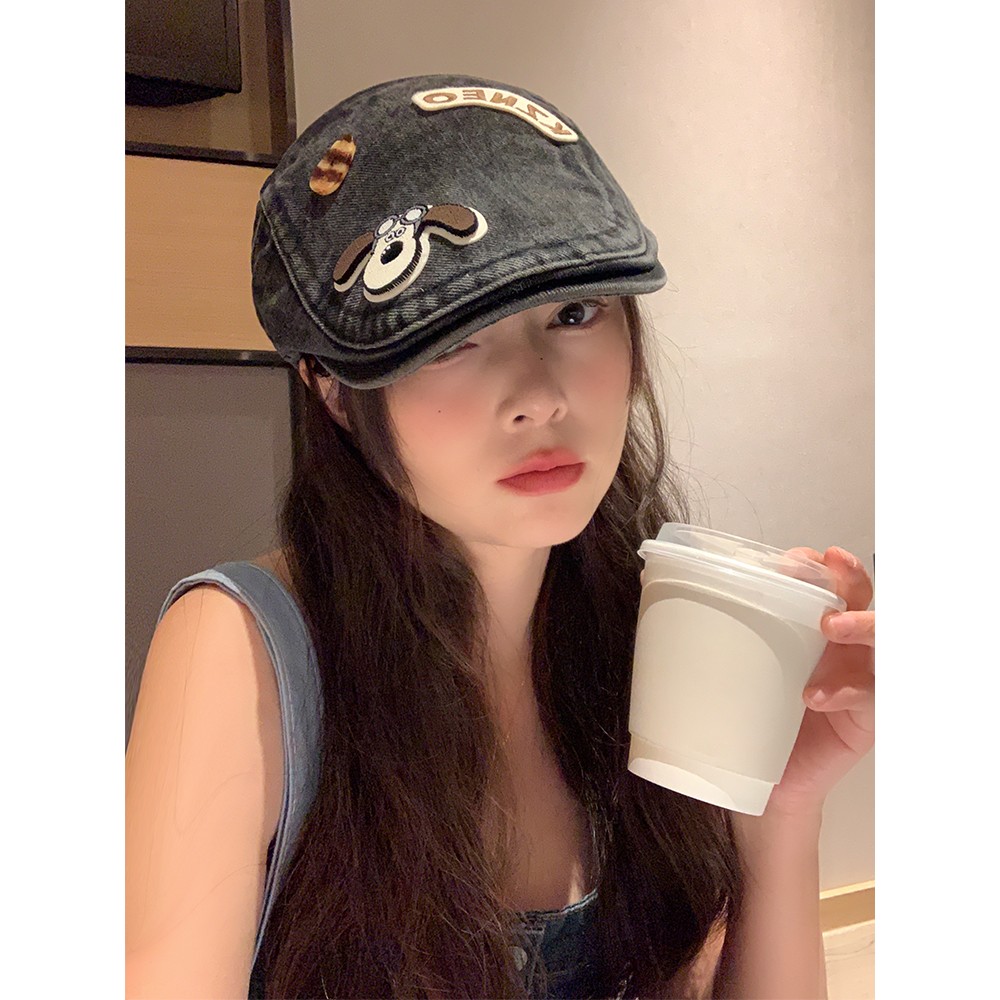 日系可爱小狗纽扣牛仔前进帽女春夏季做旧复古大头围显脸小贝雷帽