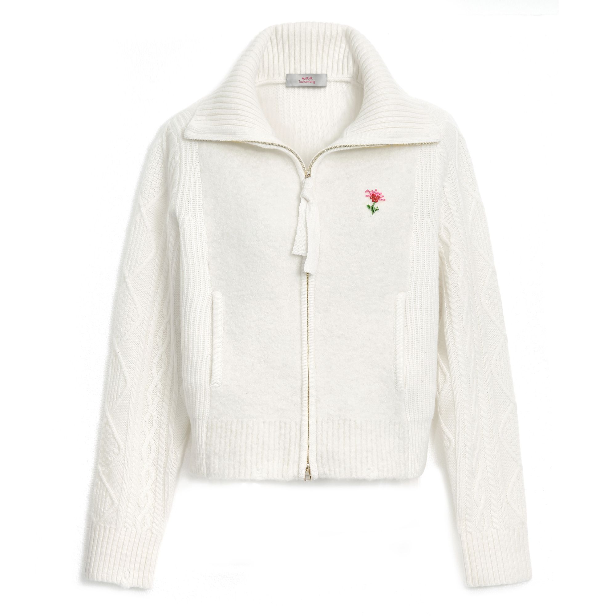 她绽放高品质纯羊毛高领保暖破洞时尚短款白色翻领毛衣秋冬外套ZF