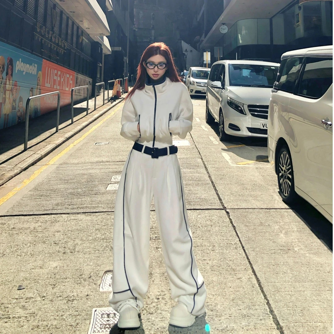 秋冬穿搭一整套女韩系立领摇粒绒卫衣外套休闲直筒裤显瘦两件套女