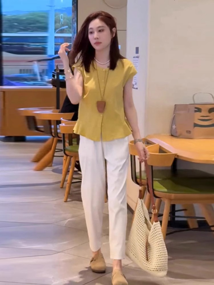 2025夏季新款小个子荷叶边落肩衬衫女减龄时尚显瘦休闲裤两件套装