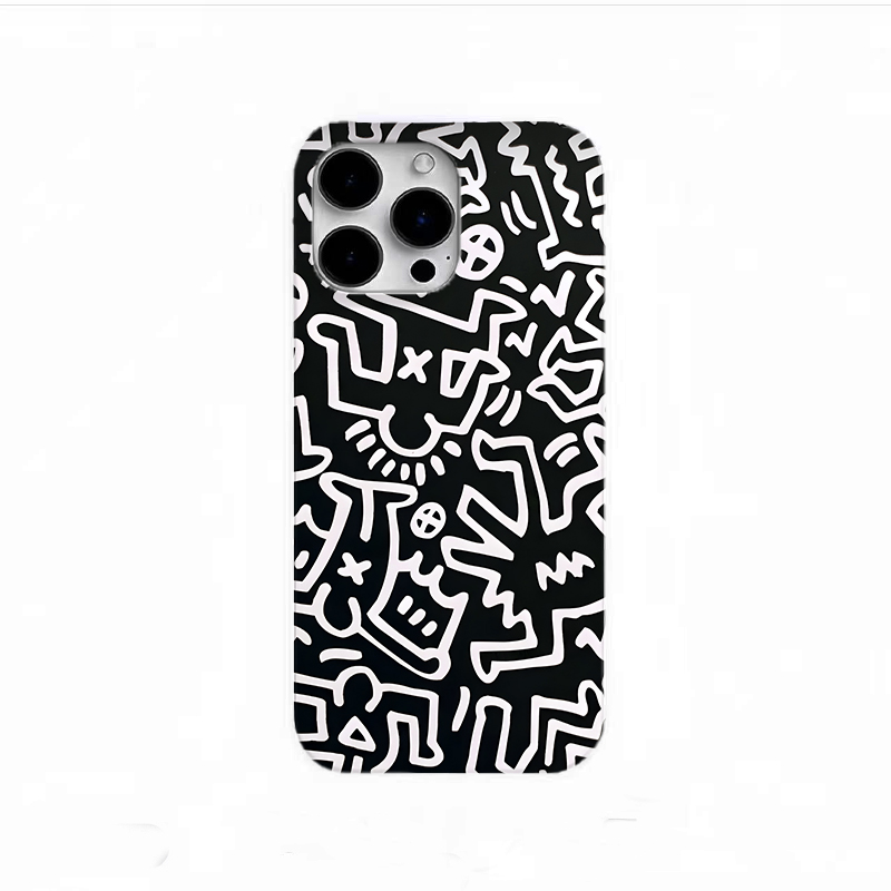 黑白涂鸦适用苹果16手机壳15promax小众14/13ins12艺术11p潮牌16e
